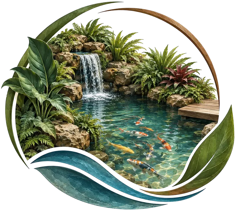 Ilustração da Aquaterra: lago com cascata entre pedras, carpas coloridas, plantas tropicais e deck de madeira, dentro de uma moldura circular de folhas e água